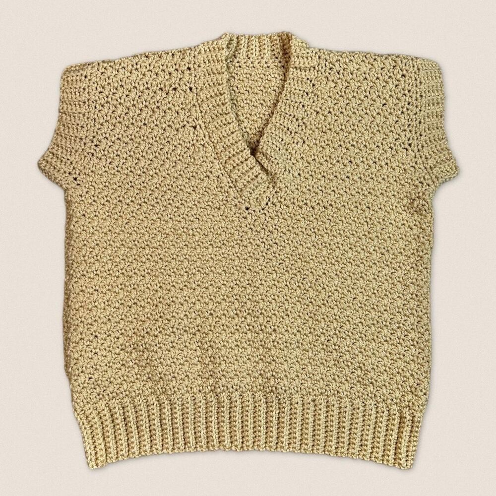 Vintage Crochet Knit Tan Sweater Vest V-neck Size Small / Medium
